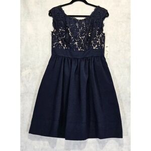 Eliza J‎ Dress 10 Fit & Flare Faille Cocktail Lace NEW Navy Blue A-Line 50s